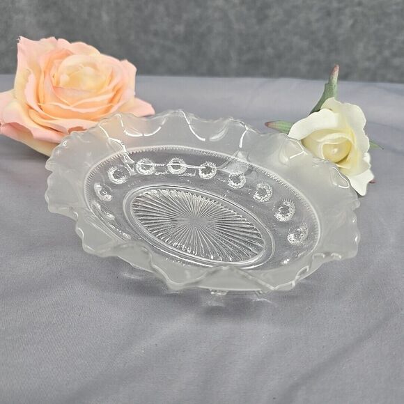 Vintage 1930's Davidson Dish Blackberry Prunt Clear Frosted Ruffled Oval England - Picture 1 of 12